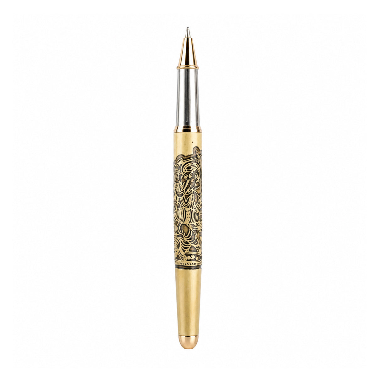 The Writershub Golden Ganesha & Om Engraved Ball Pen — Golden Body, Blue Ink
