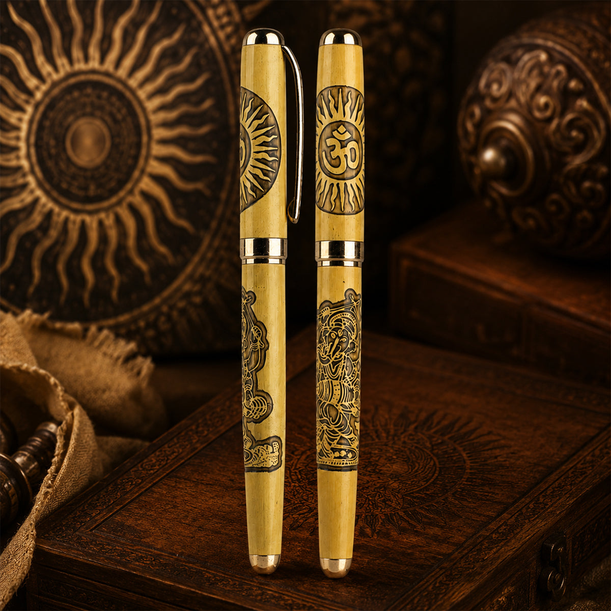 The Writershub Golden Ganesha & Om Engraved Ball Pen — Golden Body, Blue Ink