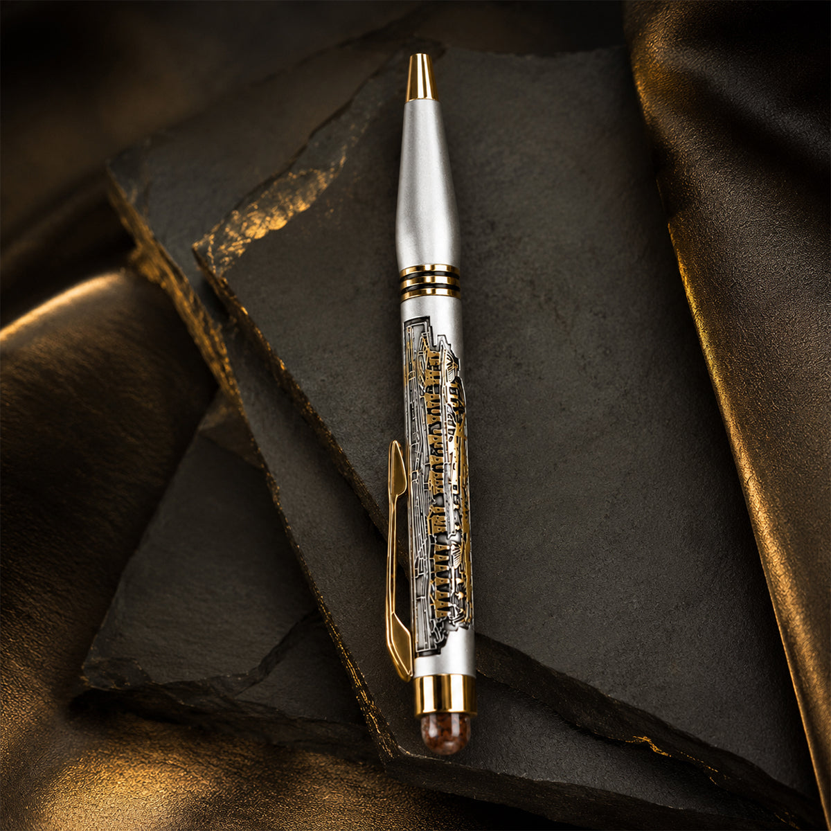 The Writershub Ayodhya Ram Temple Dome-Top Twist Ball Pen — Silver & Gold (Blue Ink)
