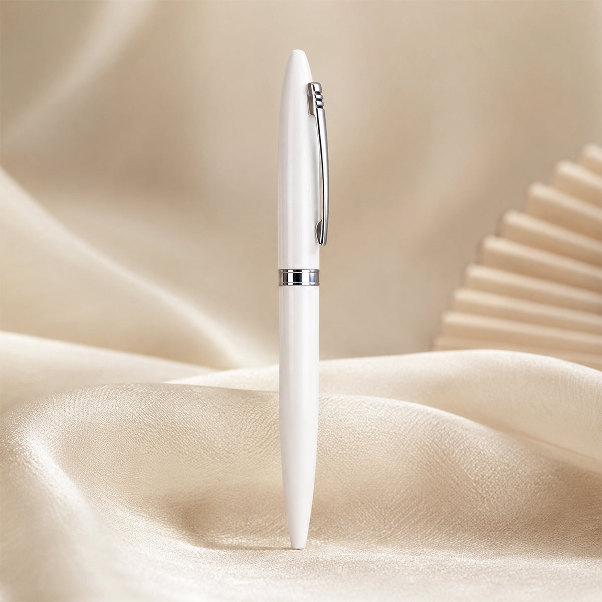 The Writershub Elegant White & Chrome Twist Ball Pen — Blue Ink