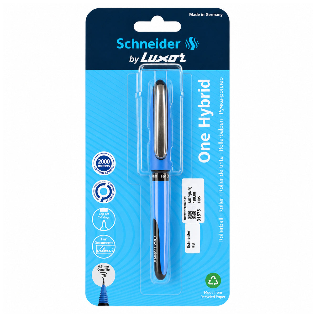 Luxor Schneider One Hybrid Roller Ball Pen – Black, 0.5 mm Cone Tip