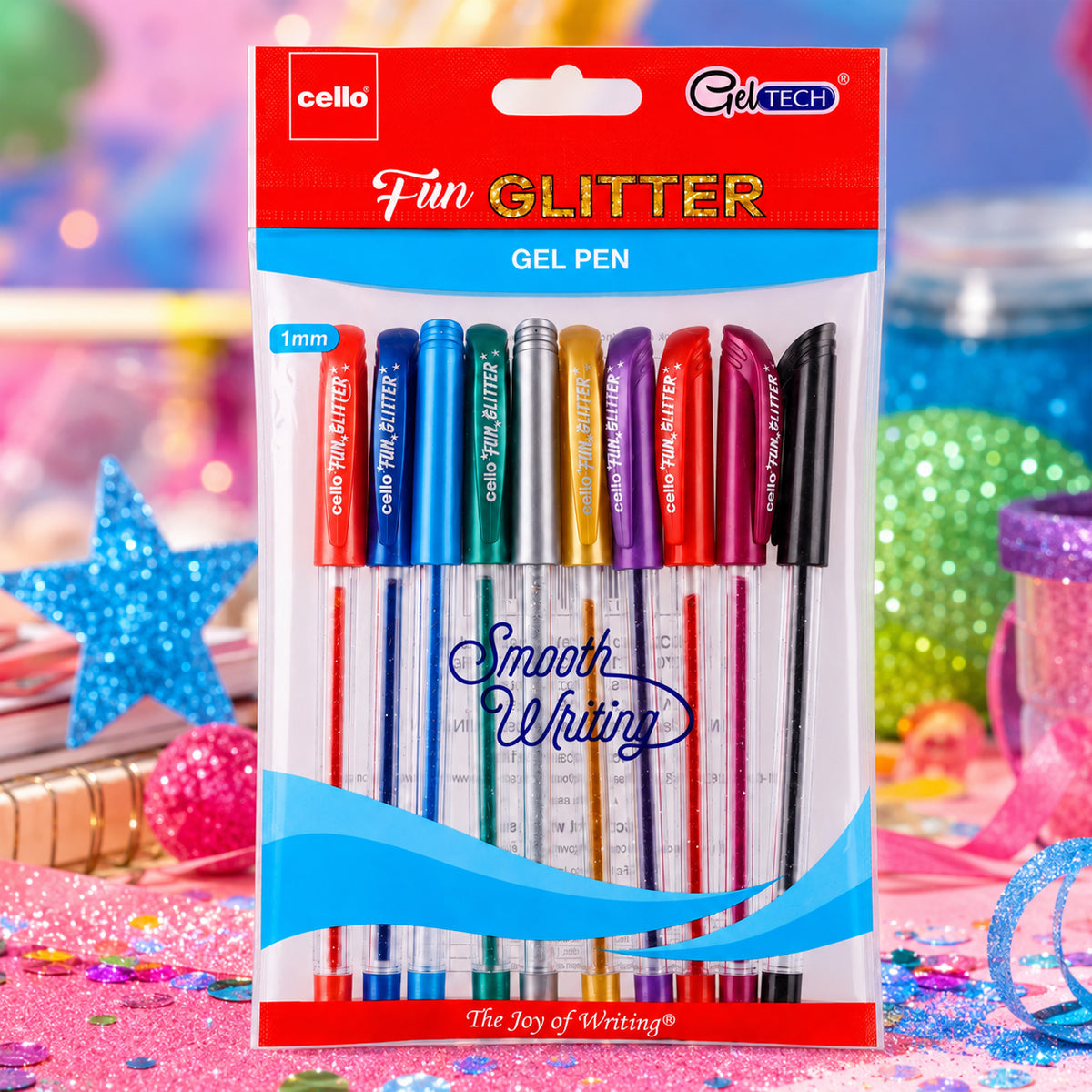 Cello Fun Glitter 0.8 mm — Assorted Glitter Gel Pen Set (10 pcs)
