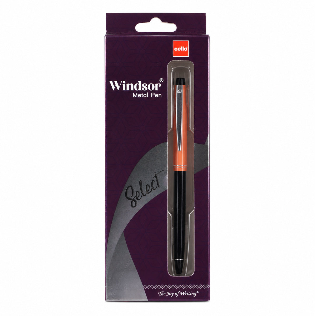 Cello Select Windsor Metal Ball Pen — Glossy Black with Orange Accent, Blue Ink
