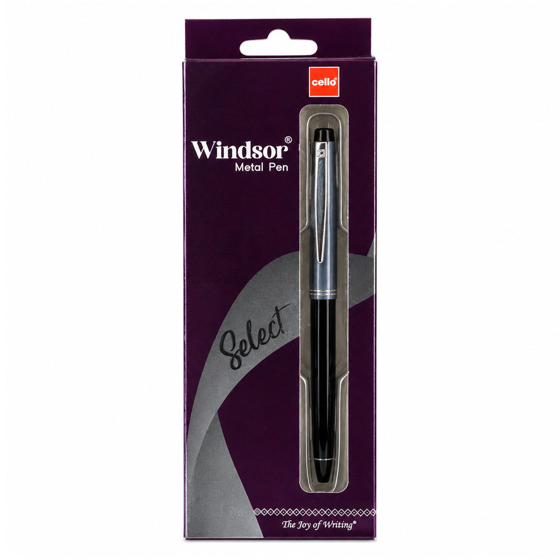 Cello Select Windsor Metal Ball Pen — Glossy Black with Grey Accent, Blue Ink