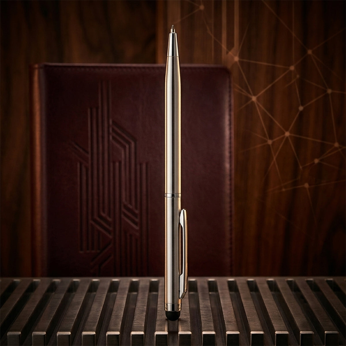 The Writershub 2‑in‑1 Half‑Gold Ball Pen — Silver Clip & Stylus (Blue Ink)