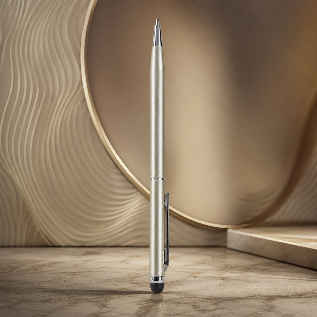 The Writershub 2-in-1 Silver Ball Pen with Stylus — Twist Mechanism, Blue Ink