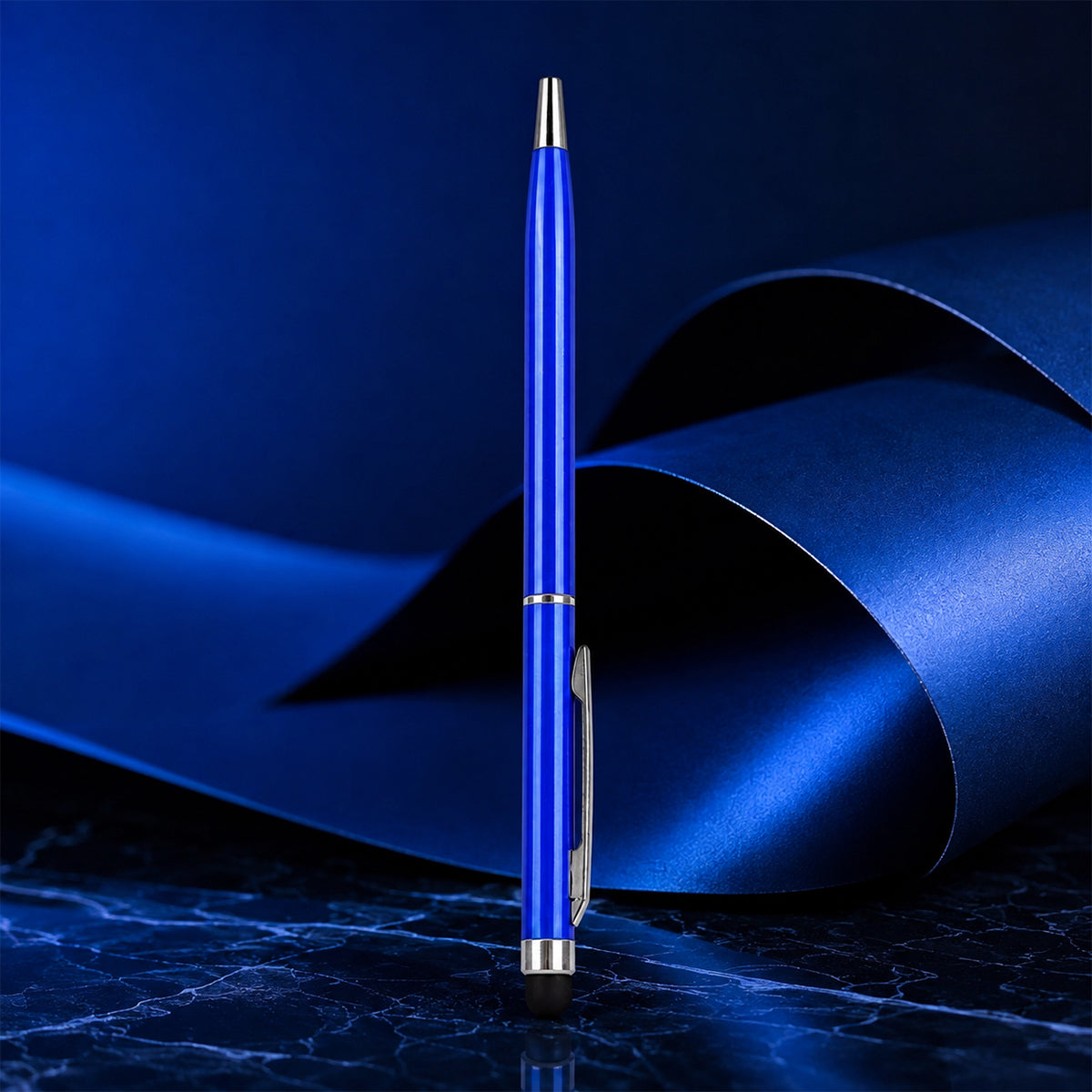 The Writershub Blue Slim 2‑in‑1 Stylus & Twist Ball Pen — Blue Body, Blue Ink