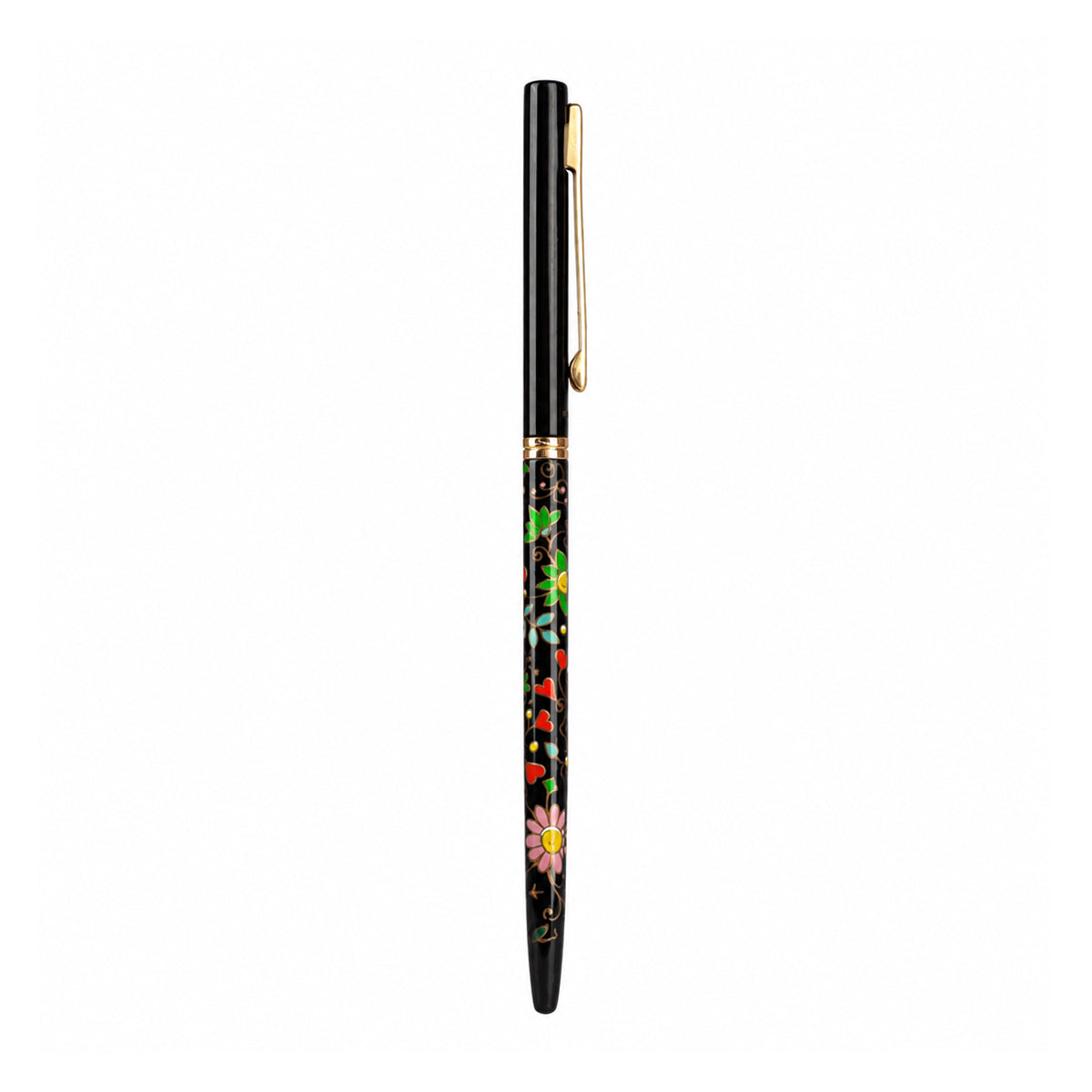 Picasso Parri Black Floral Rollerball Pen — Gold Clip & Trim, Blue Ink