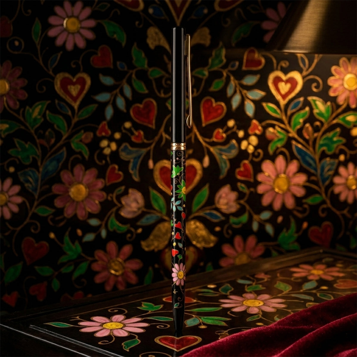 Picasso Parri Black Floral Rollerball Pen — Gold Clip & Trim, Blue Ink