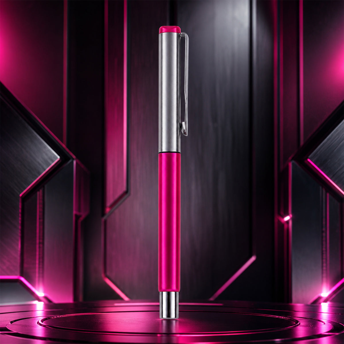 The Writershub Pink Metallic Rollerball Pen — Chrome Cap, Blue Ink
