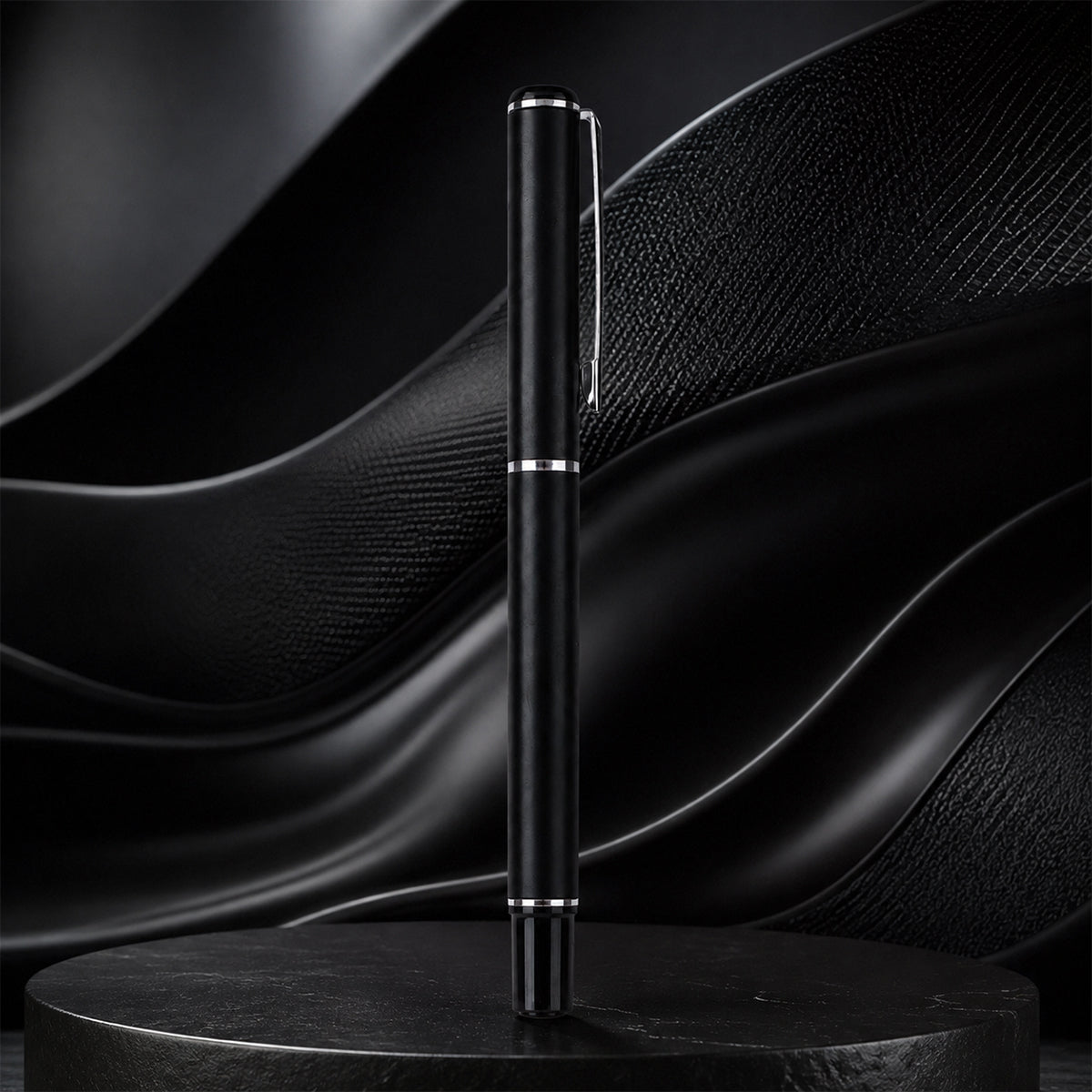 The Writershub Black Body Rollerball Pen — Silver Trims, Blue Ink
