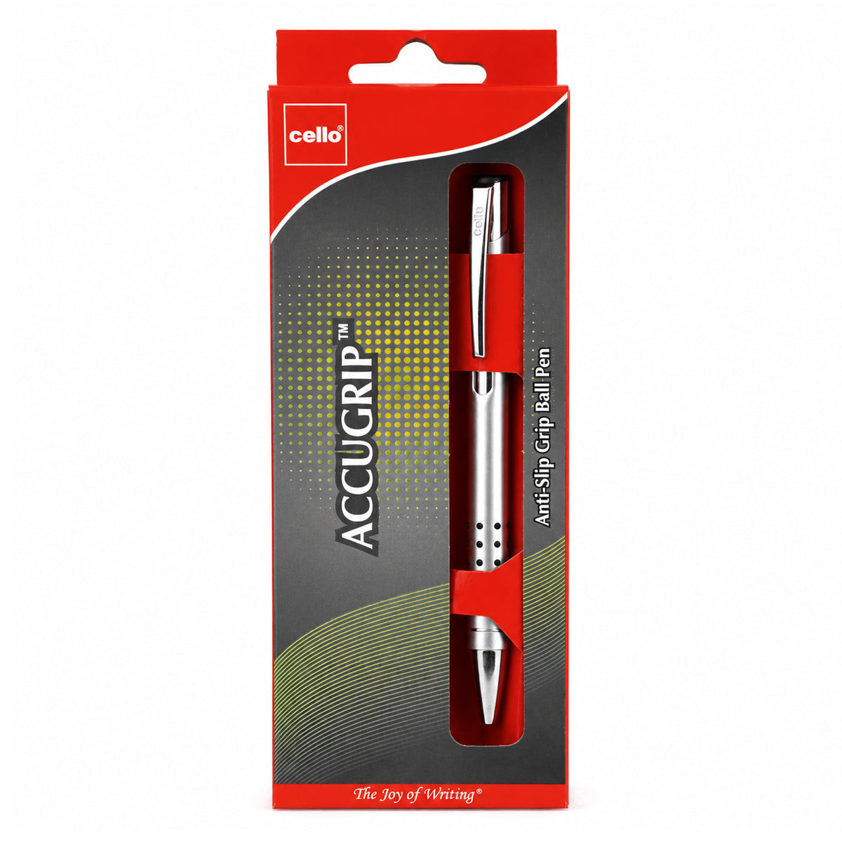 Cello Accugrip Ball Pen — Glossy Silver with Anti‑Slip Grip, Blue Ink