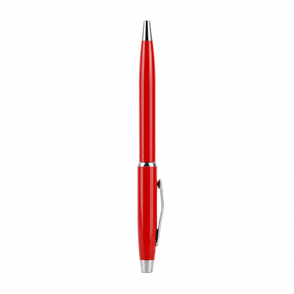 The Writershub Glossy Red Metal Twist Ball Pen — Silver Trim (Blue Ink)