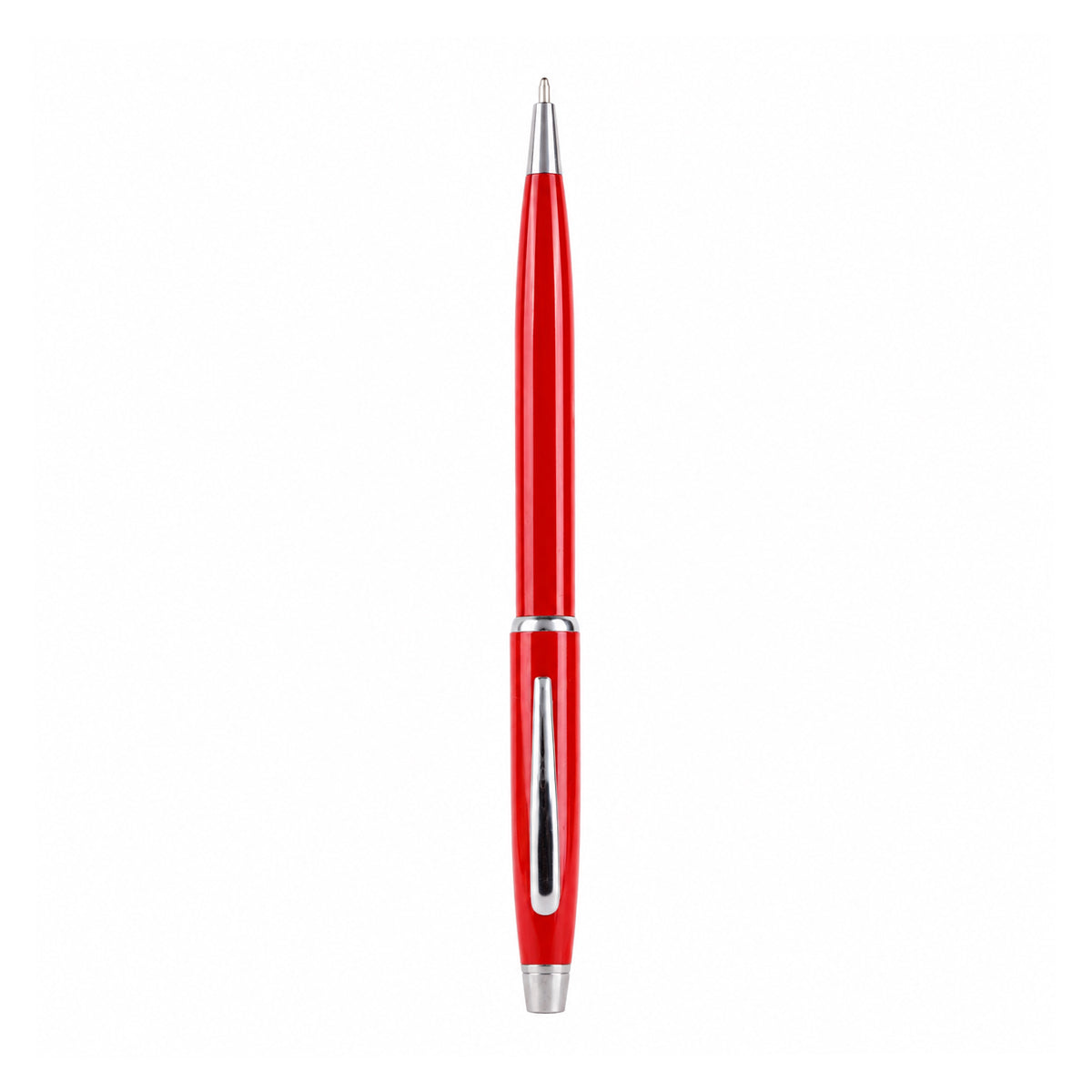 The Writershub Glossy Red Metal Twist Ball Pen — Silver Trim (Blue Ink)