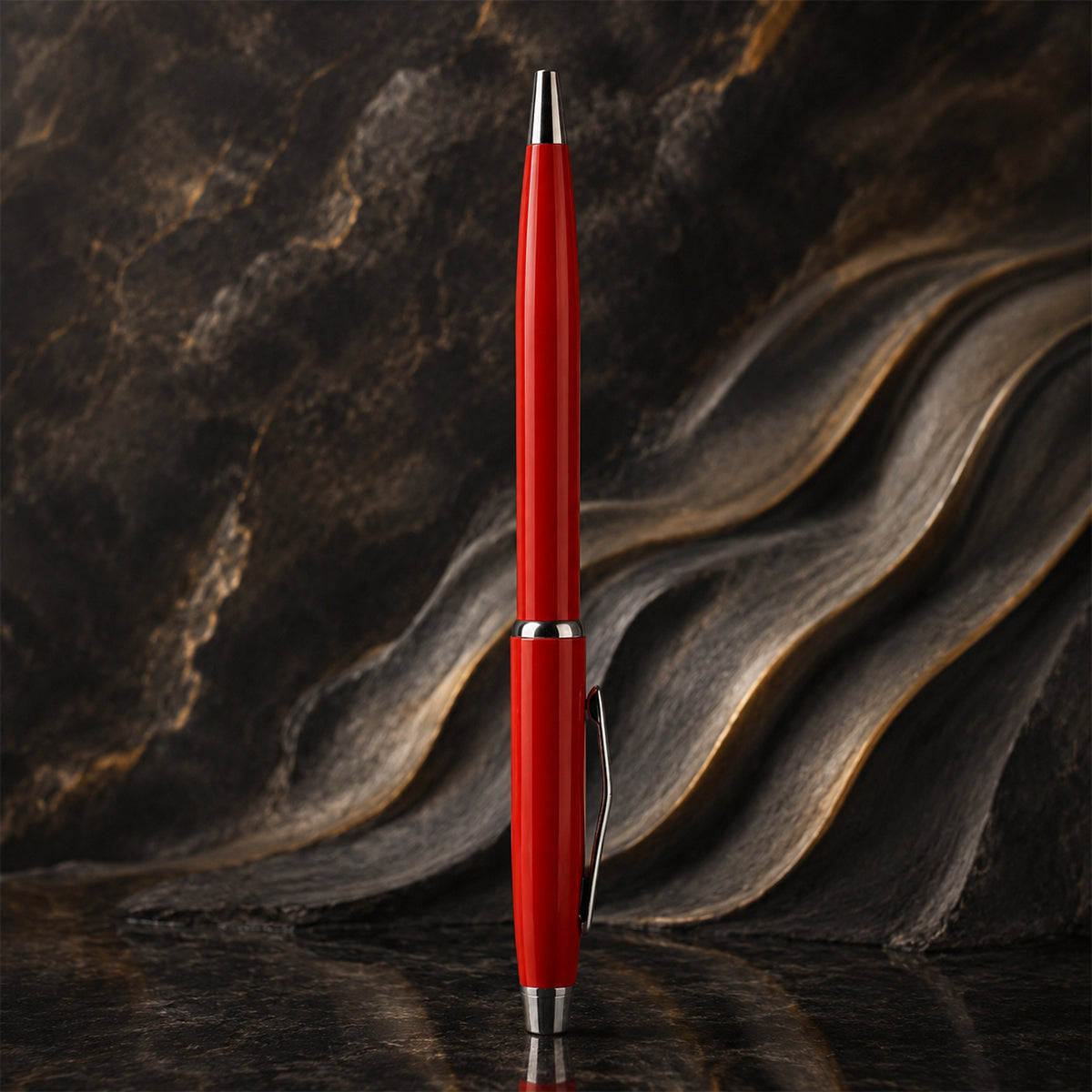 The Writershub Glossy Red Metal Twist Ball Pen — Silver Trim (Blue Ink)