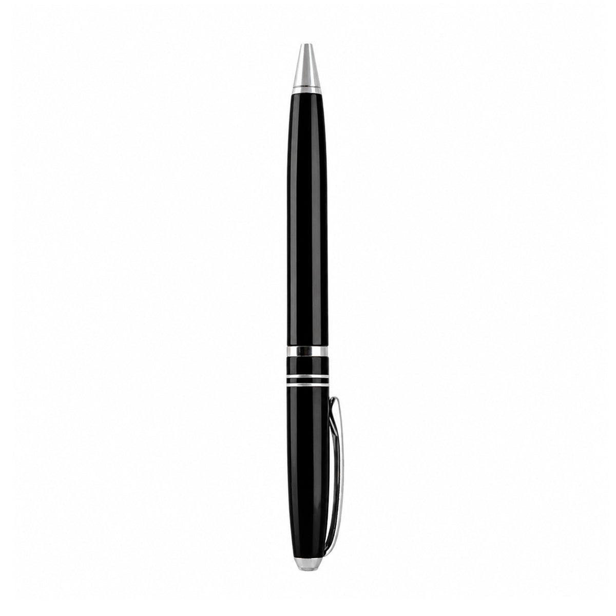 The Writershub Glossy Black Twist Ball Pen — Silver Trims, Blue Ink