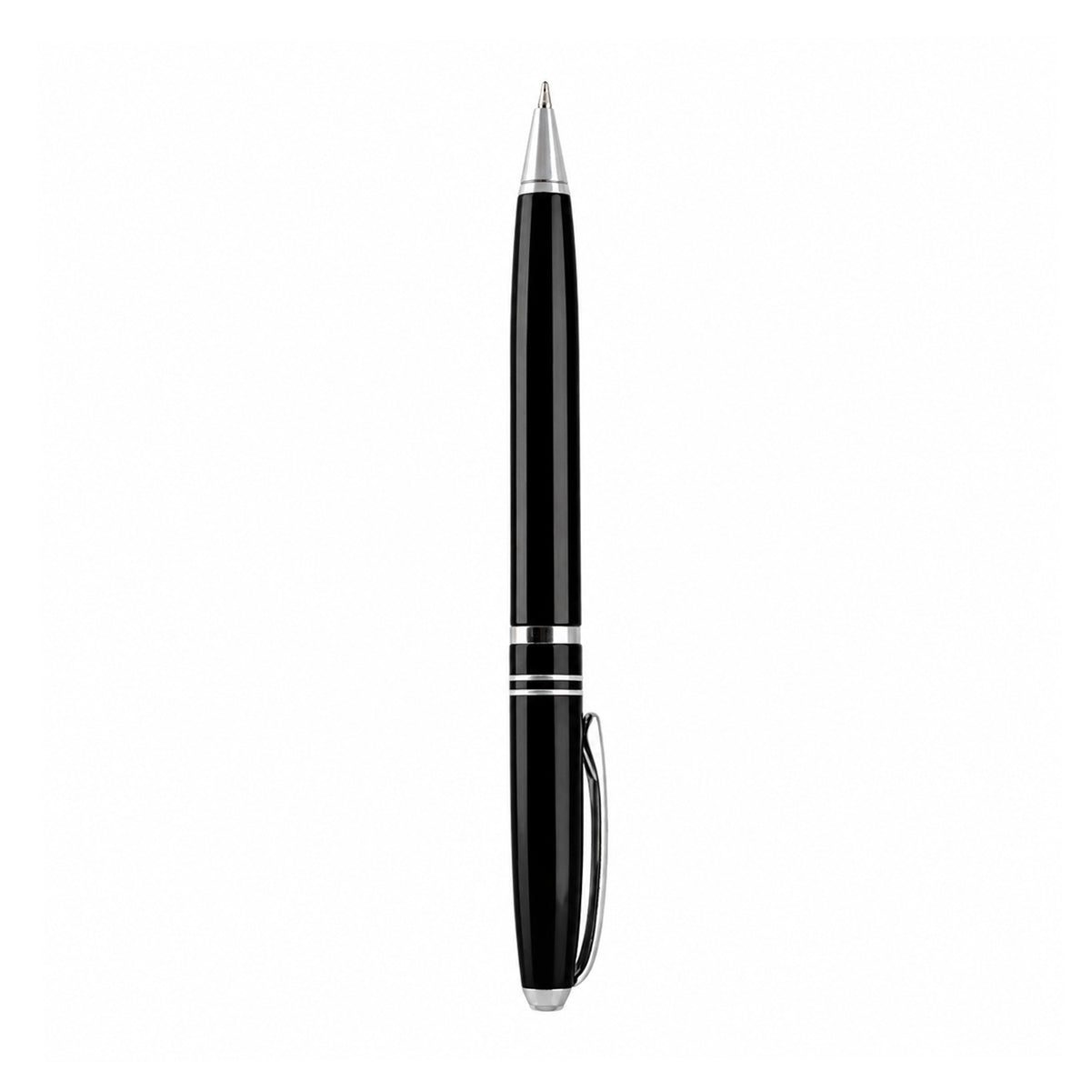 The Writershub Glossy Black Twist Ball Pen — Silver Trims, Blue Ink