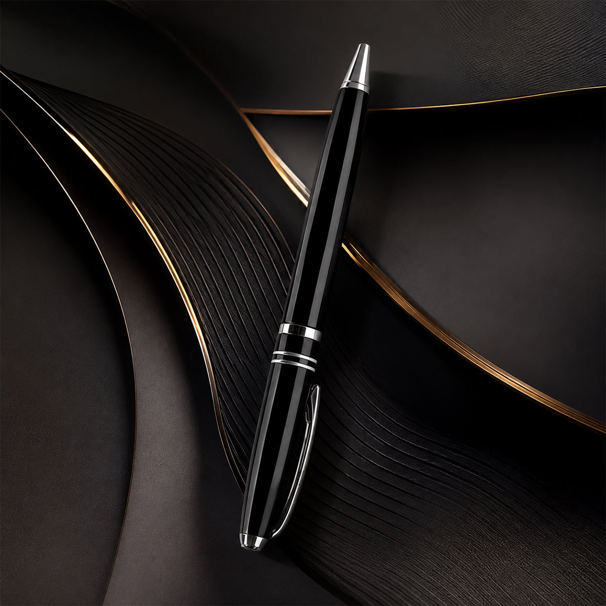 The Writershub Glossy Black Twist Ball Pen — Silver Trims, Blue Ink