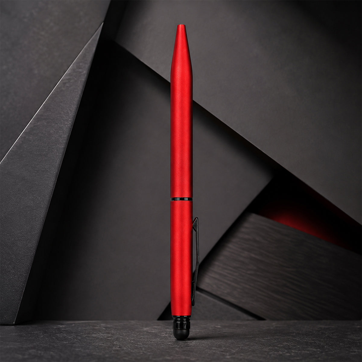 The Writershub Slim Matte Red Metal Twist Ball Pen — Blue Ink & Stylus