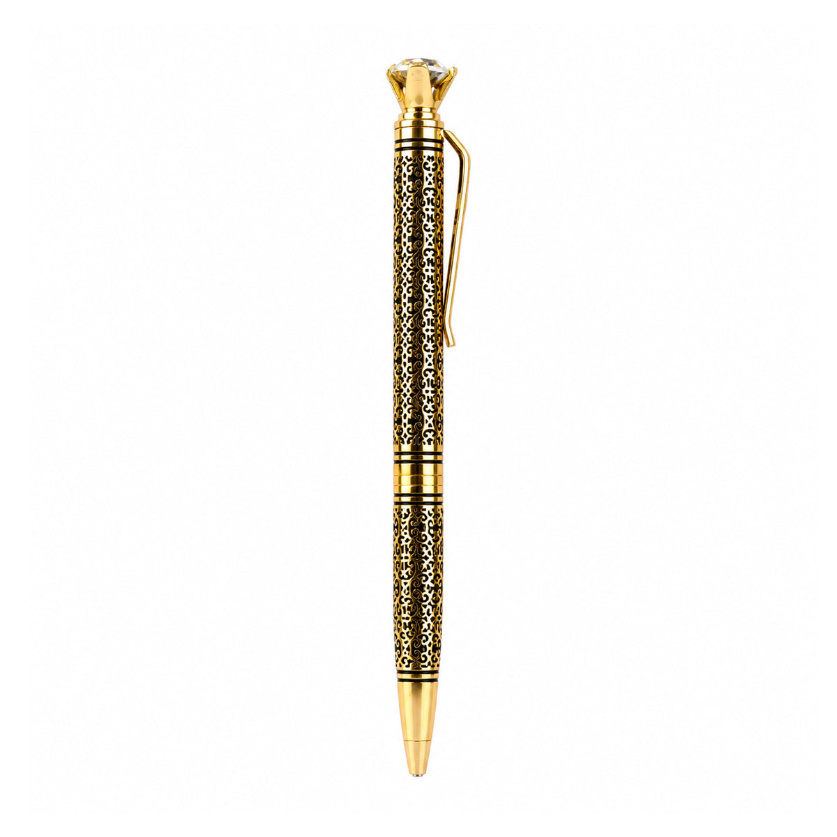 The Writershub Royal Golden Pattern Twist Ball Pen — Crystal Top, Blue Ink