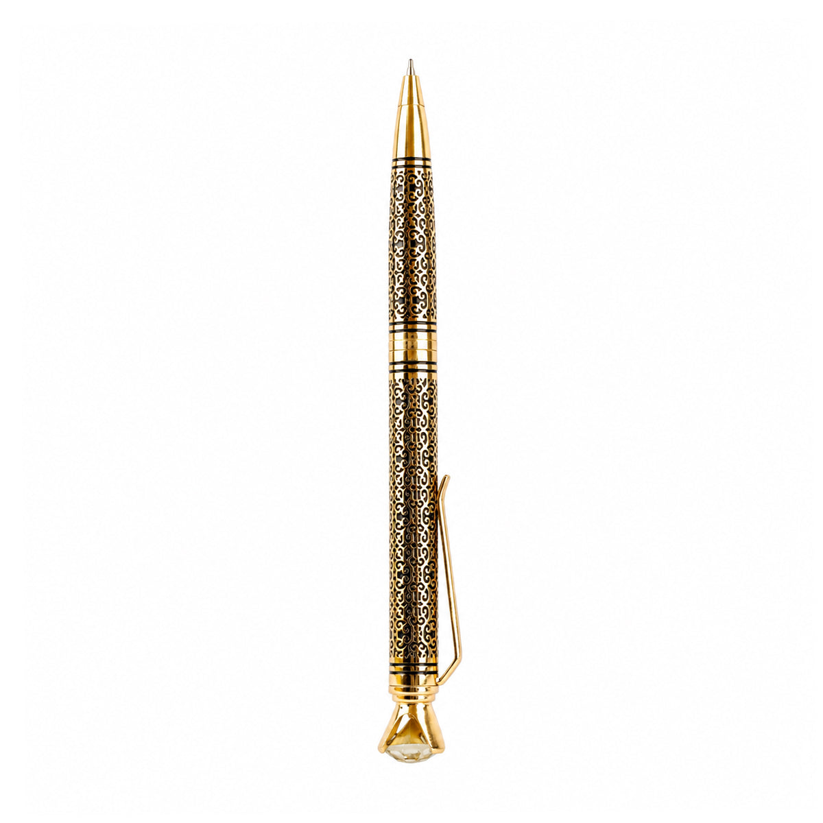 The Writershub Royal Golden Pattern Twist Ball Pen — Crystal Top, Blue Ink