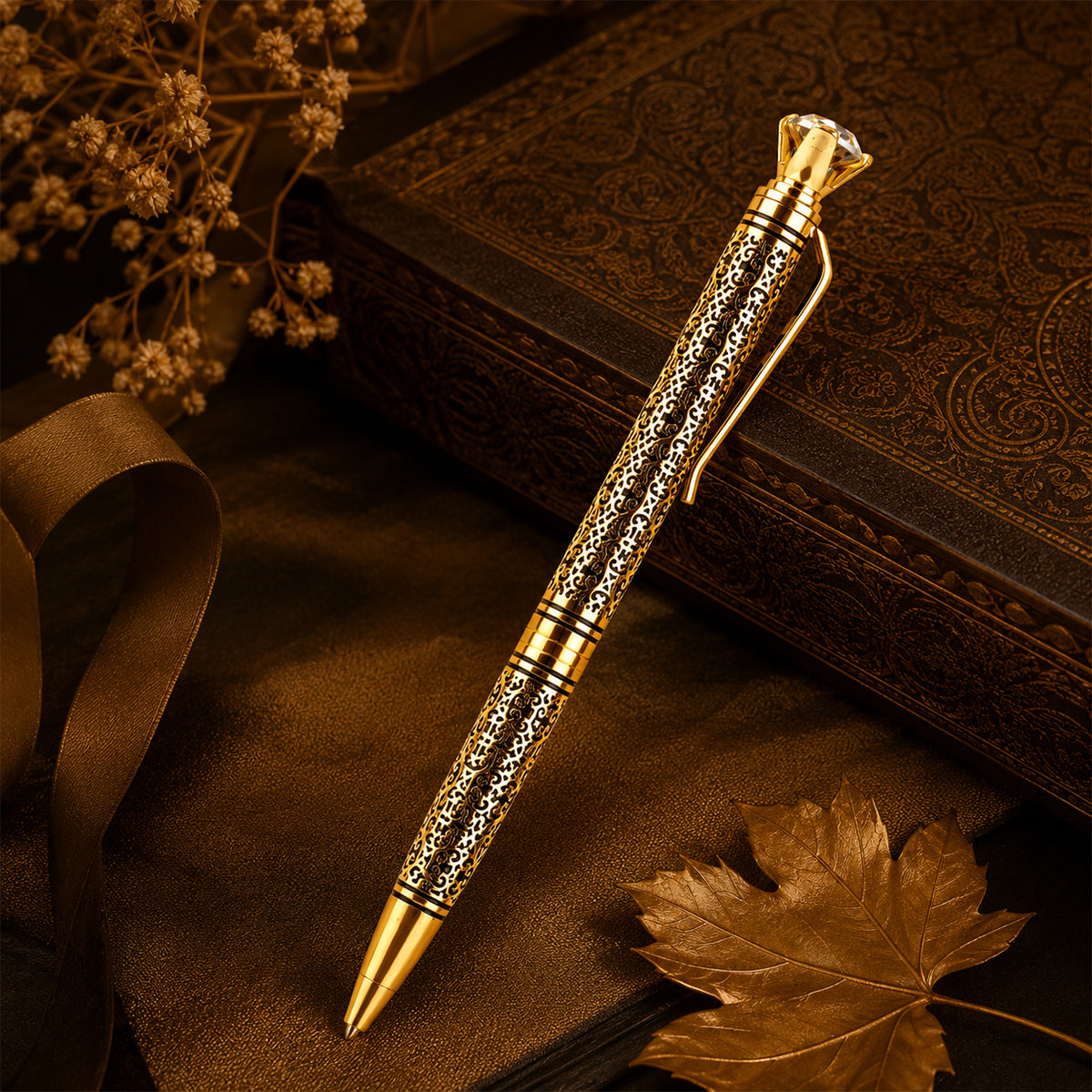 The Writershub Royal Golden Pattern Twist Ball Pen — Crystal Top, Blue Ink