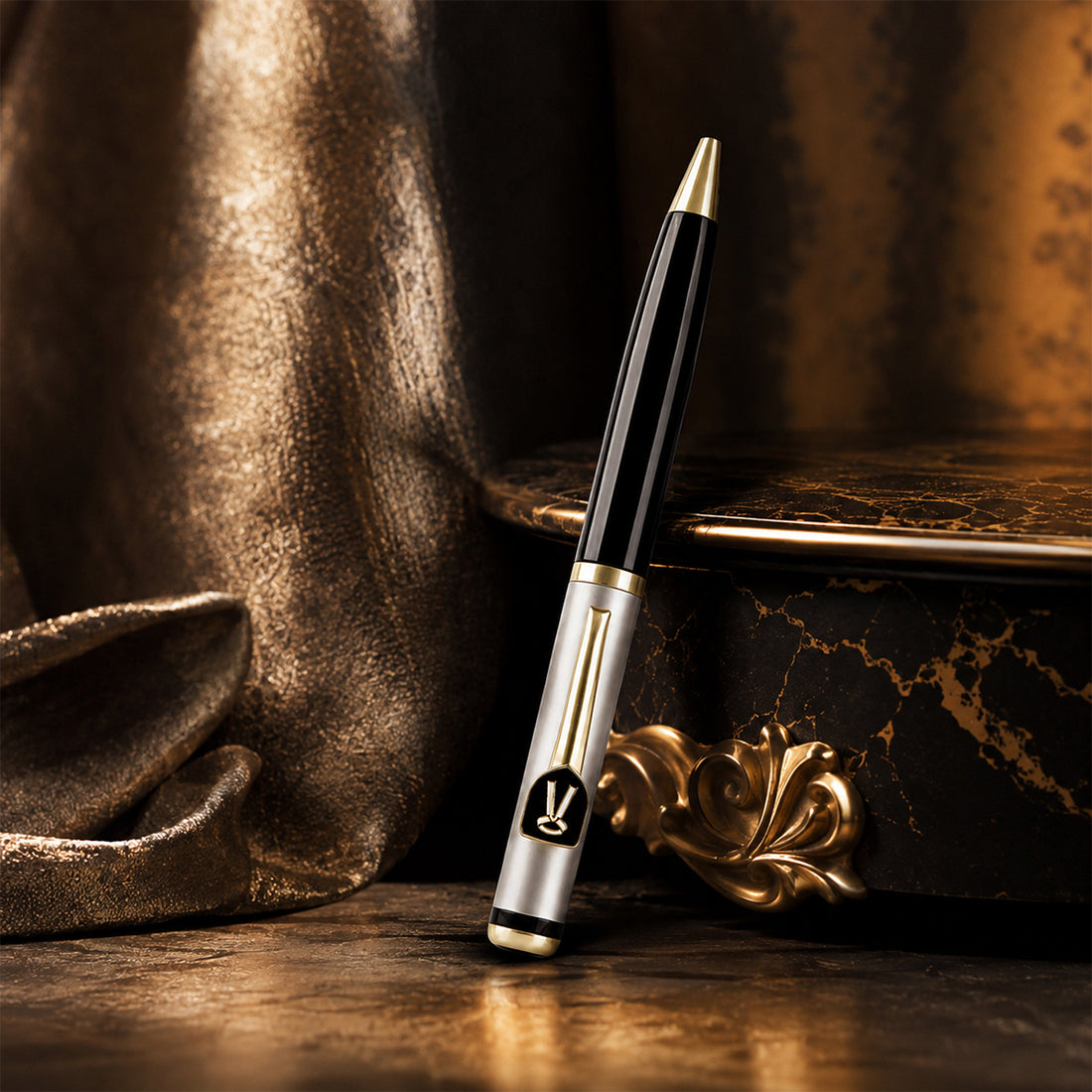 The Writershub Glossy Black & Gold Law Symbol Clip Twist Ball Pen — Blue Ink