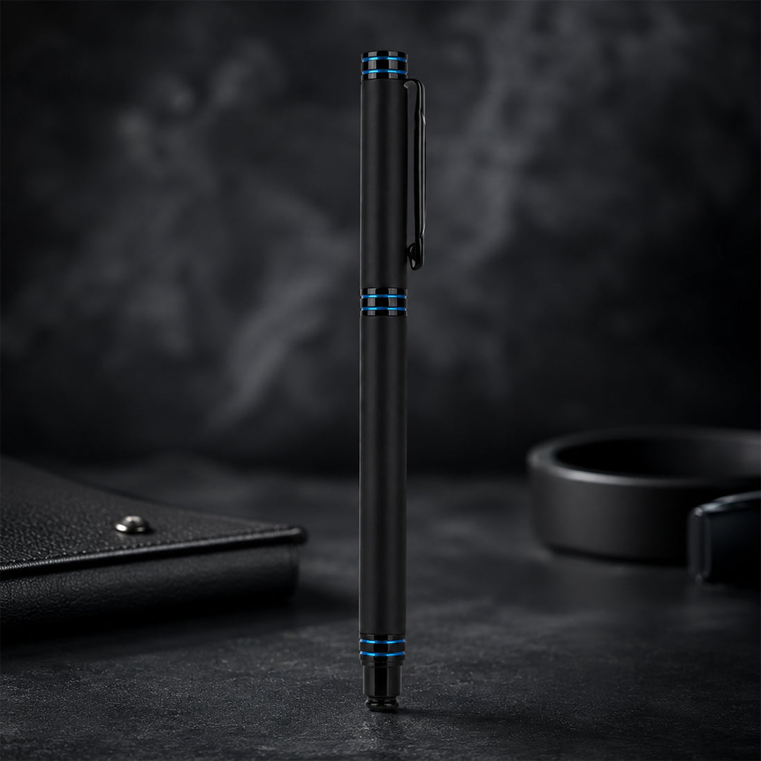 Picasso Parri Cooper Matte Black Metal Ball Pen with Blue Accent & Cap Mechanism — Blue Ink