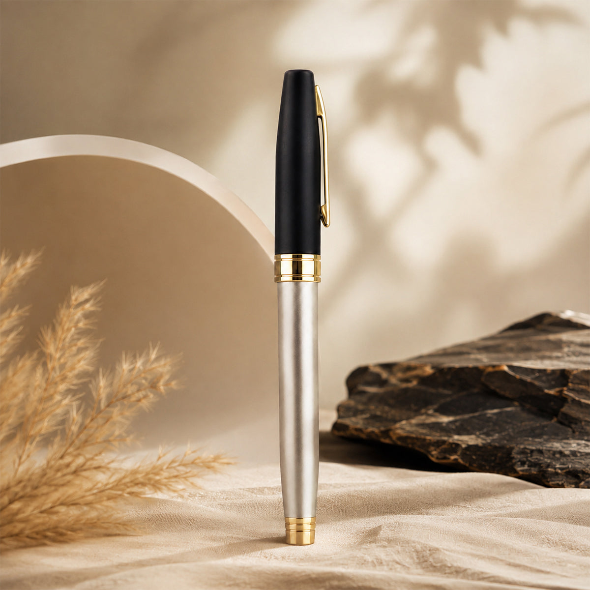 The Writershub Champagne Gold & Black Rollerball Pen – Cap Type | Blue Ink, Metal Body