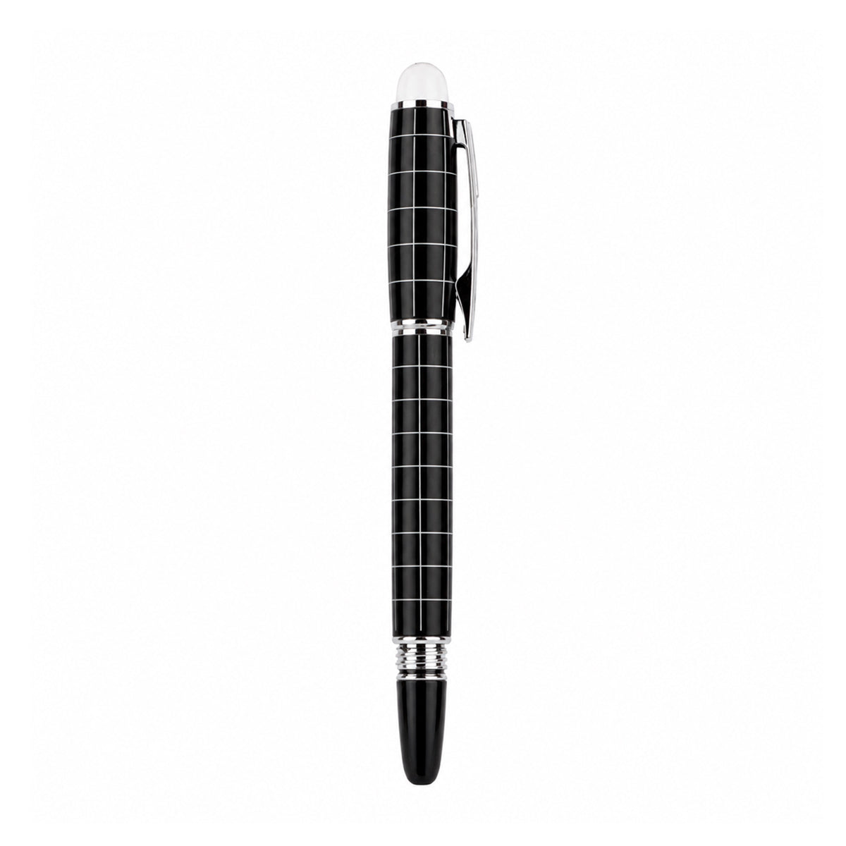 The Writershub Black Rollerball Pen — White Stripe, Cap Mechanism, Blue Ink