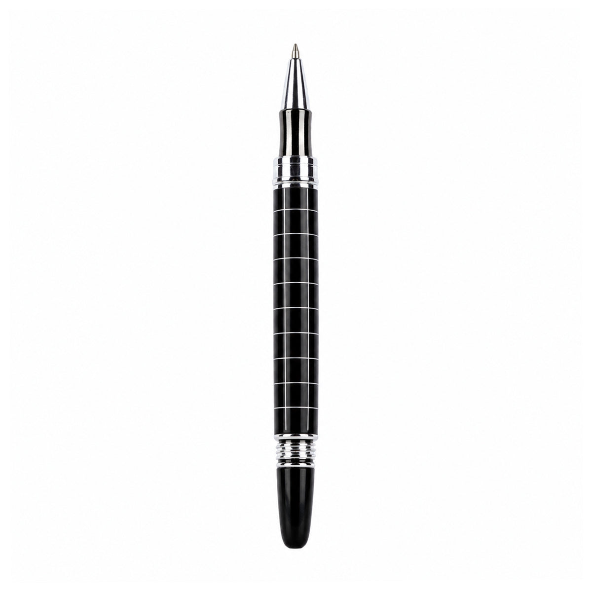 The Writershub Black Rollerball Pen — White Stripe, Cap Mechanism, Blue Ink