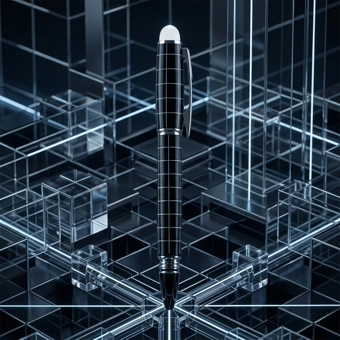 The Writershub Black Rollerball Pen — White Stripe, Cap Mechanism, Blue Ink