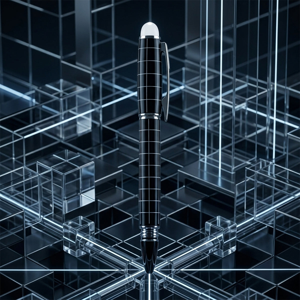 The Writershub Black Rollerball Pen — White Stripe, Cap Mechanism, Blue Ink