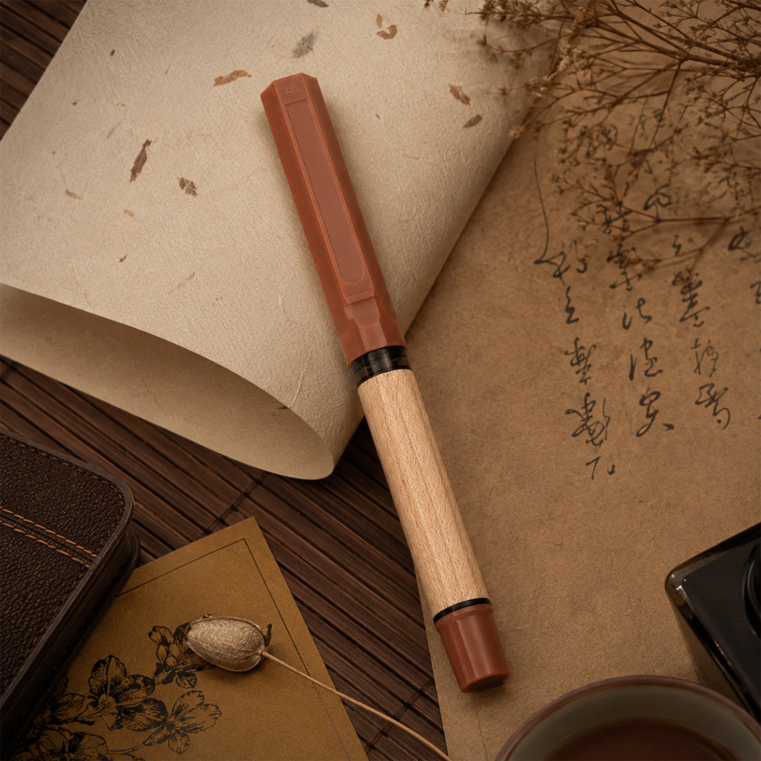Jinhao 62 Sandalwood Fountain Pen — Brown Cap, Fine Nib