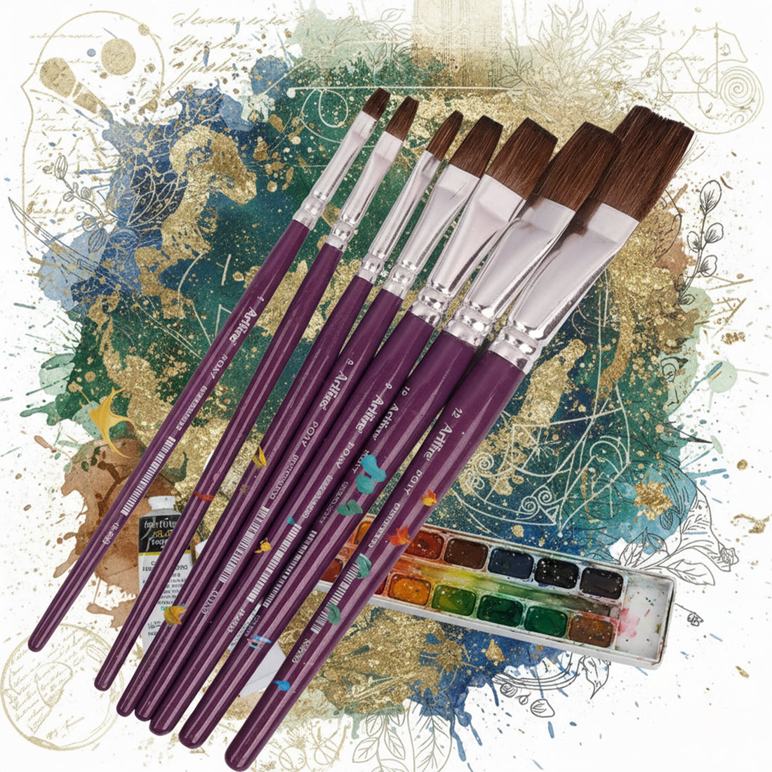 Love Art 7 Pony Hair Paint Brushes Set – Assorted Sizes 1–12, Purple Handles