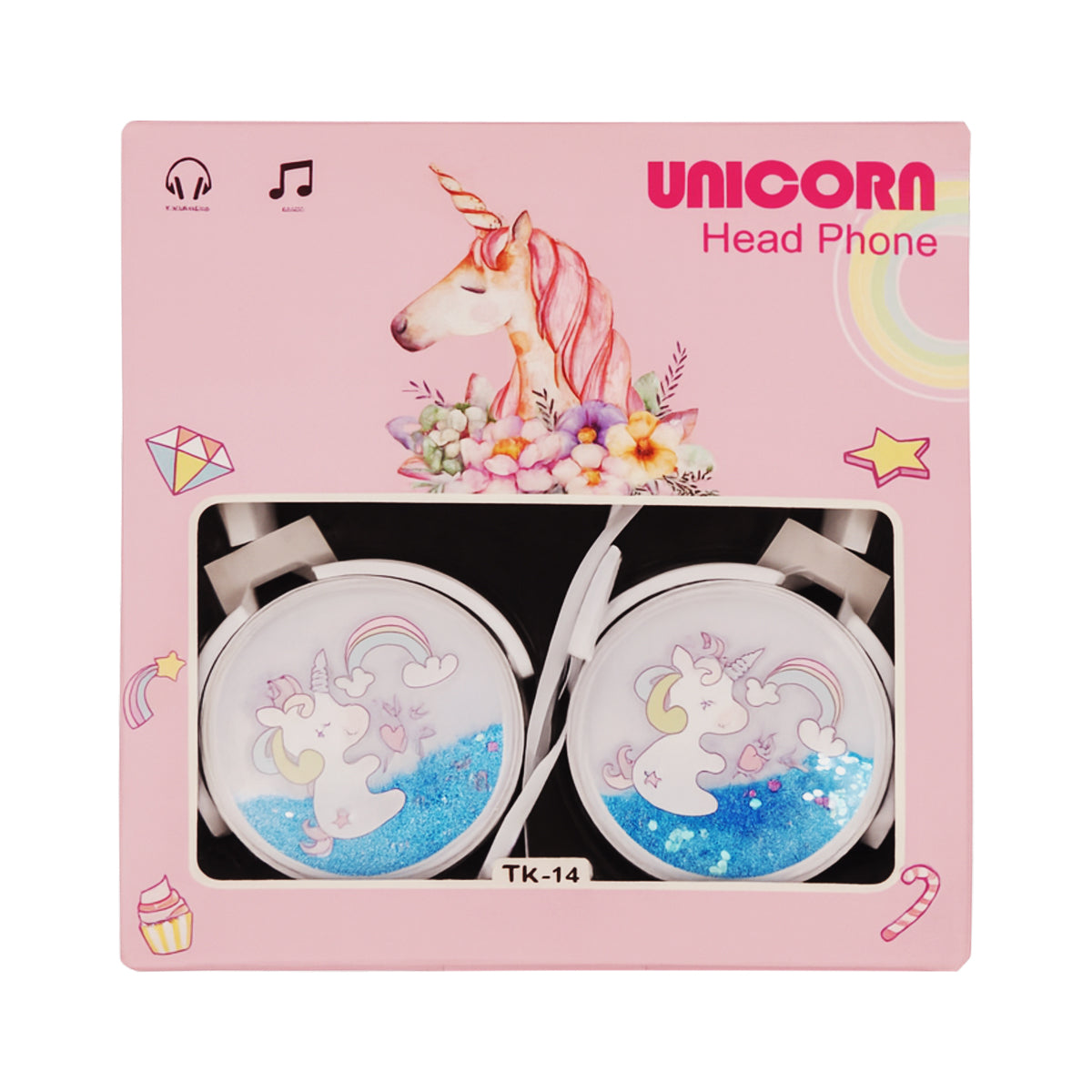 Arav Cute Unicorn Wired Headphones White Glitter Design