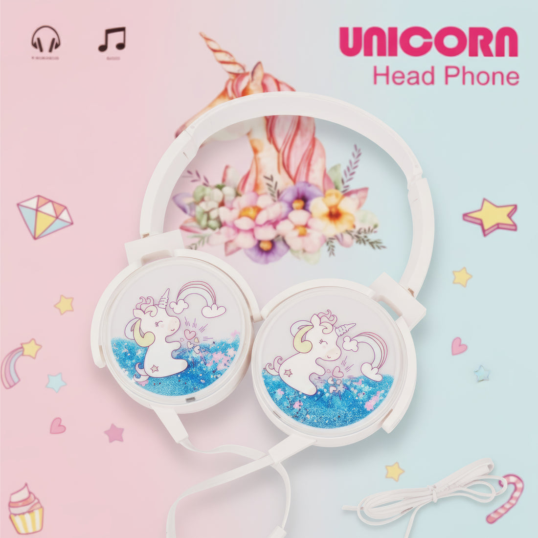Arav Cute Unicorn Wired Headphones White Glitter Design