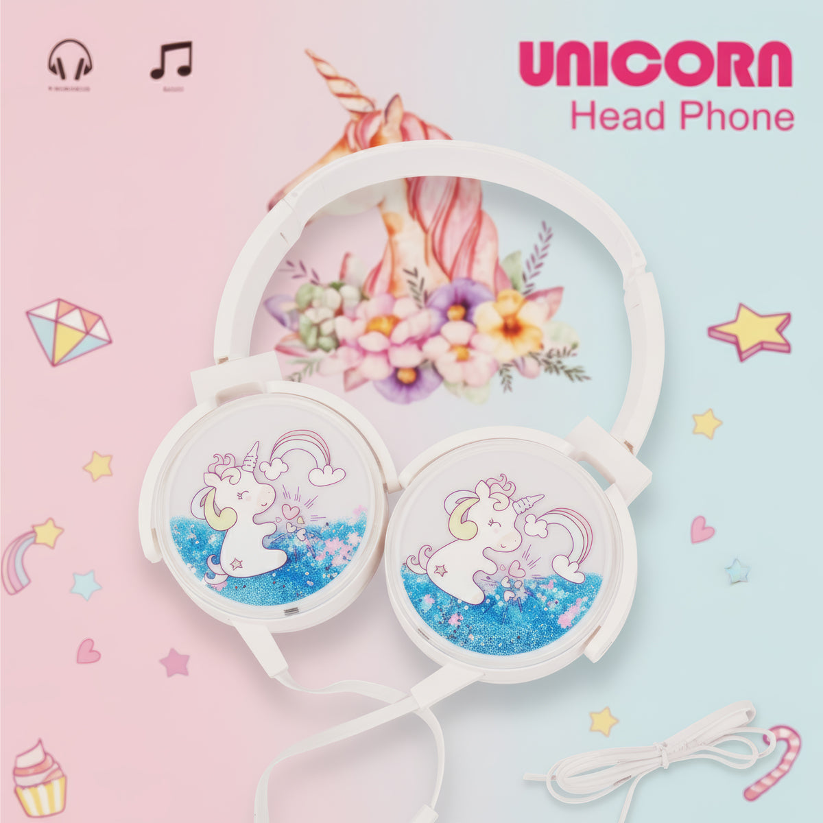 Arav Cute Unicorn Wired Headphones White Glitter Design