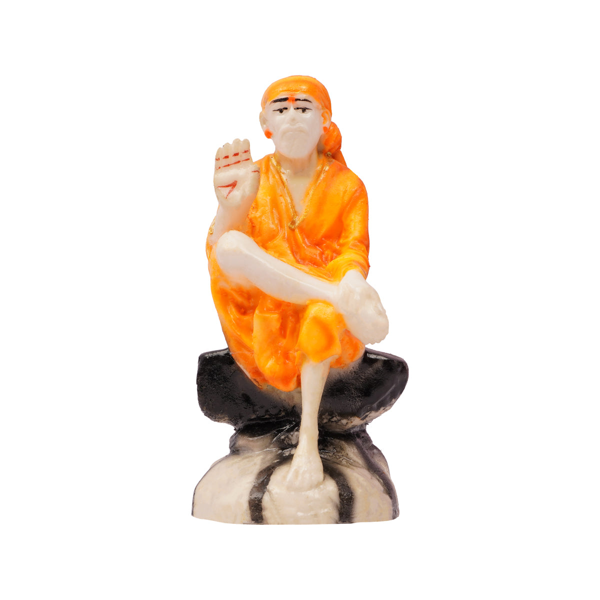 Sai Baba on Stone Base — White & Orange Resin Idol (19 cm)