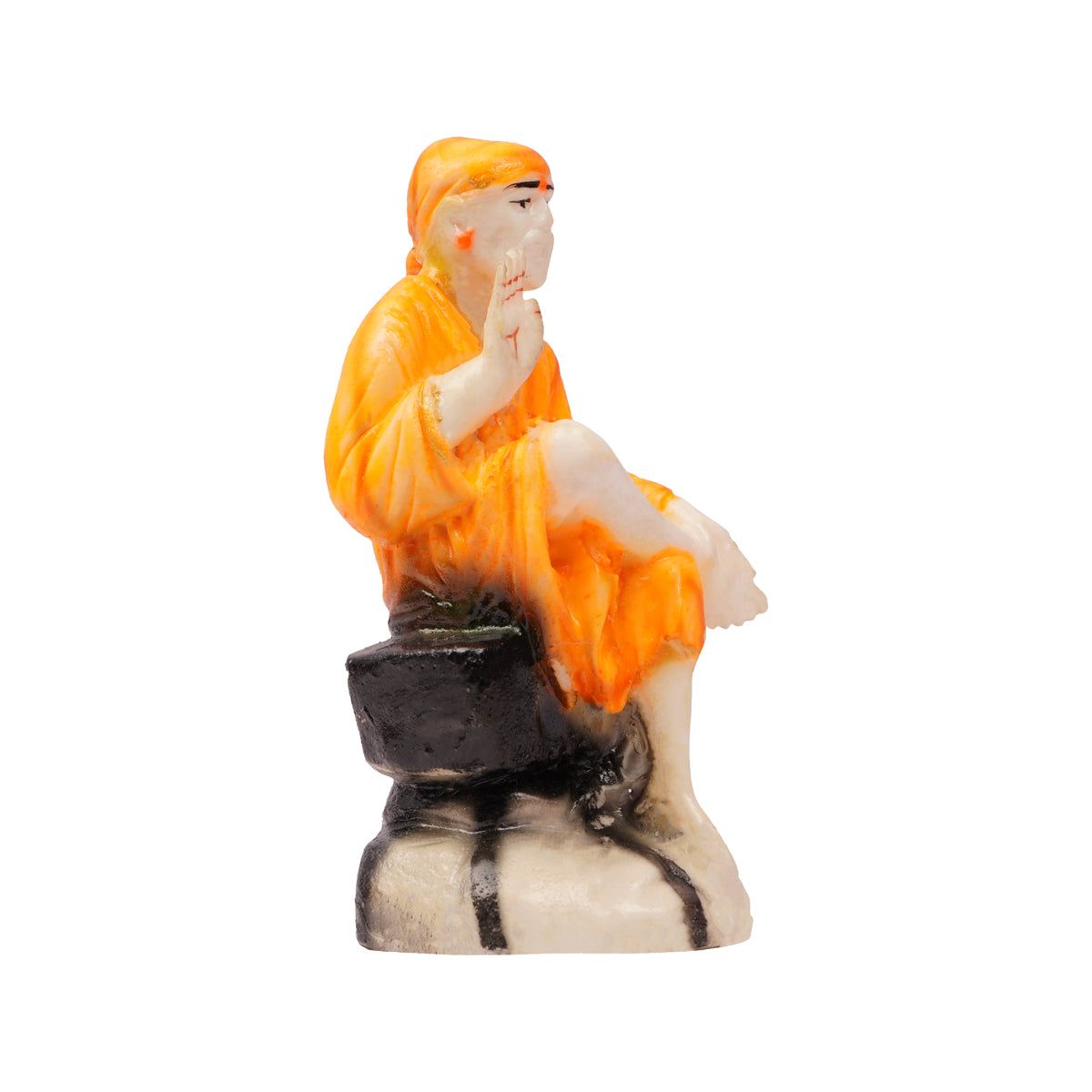 Sai Baba on Stone Base — White & Orange Resin Idol (19 cm)