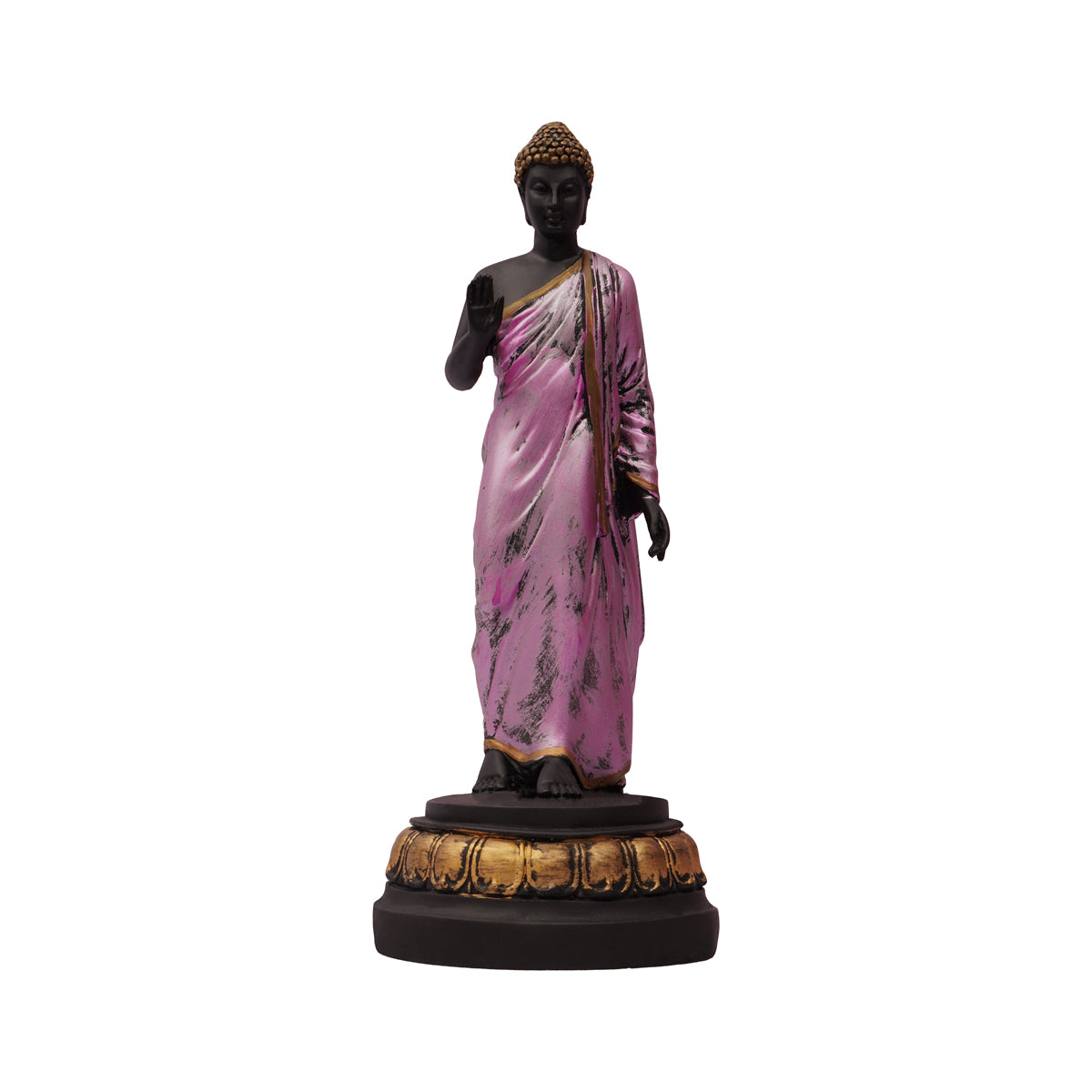 Elegant Black Standing Buddha with Purple Robe & Gold Highlights – Zen Decor