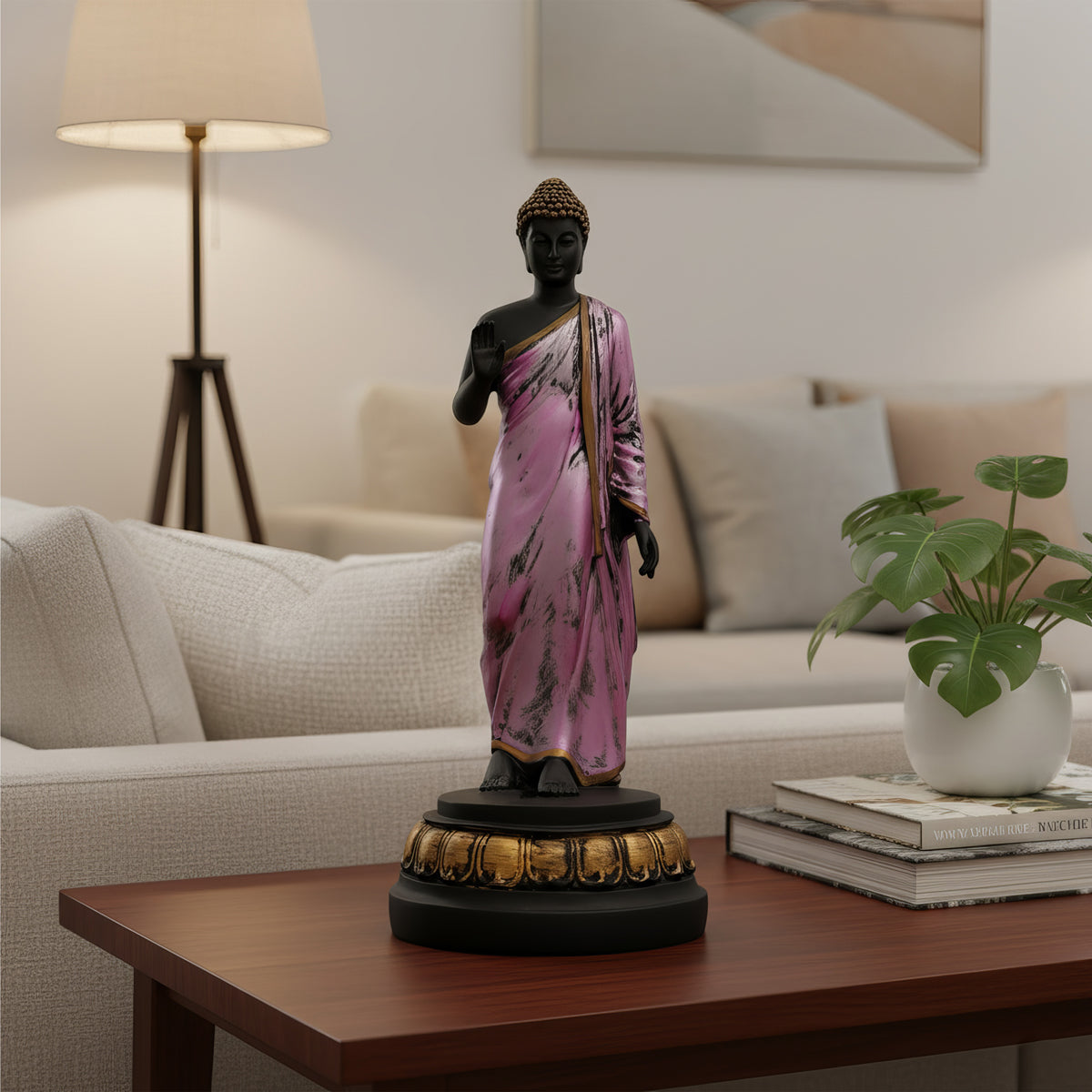 Elegant Black Standing Buddha with Purple Robe & Gold Highlights – Zen Decor