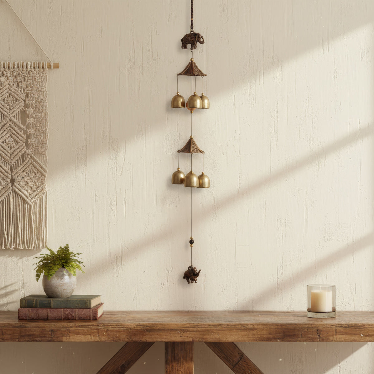 The WritersHub Elephant Hanging Bell Wind Chime – Antique Gold Metal Decor