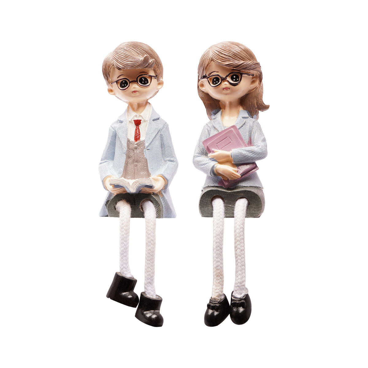 Cute Reading Couple Figurines with Rope-Style Legs – Boy & Girl with Glasses