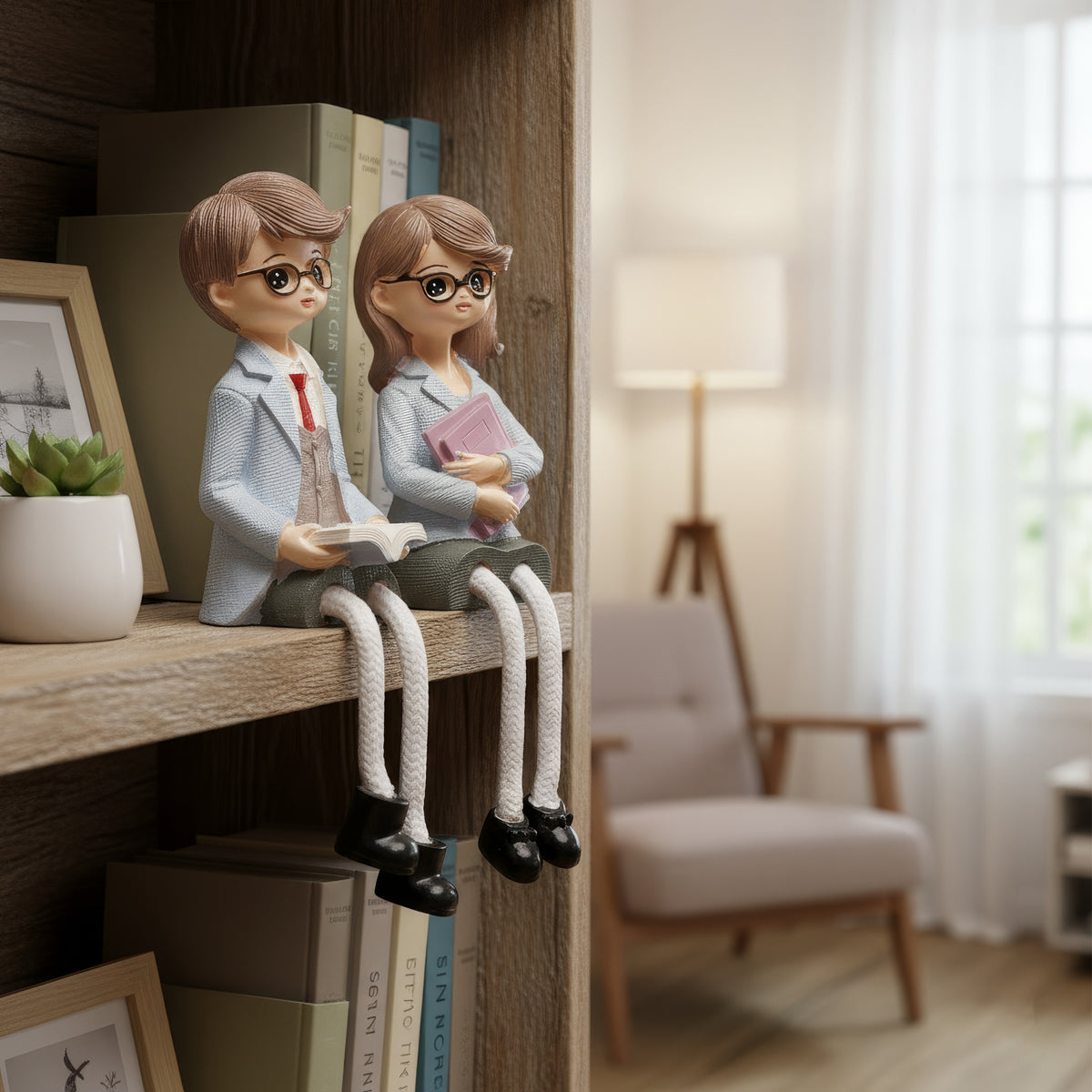 Cute Reading Couple Figurines with Rope-Style Legs – Boy & Girl with Glasses
