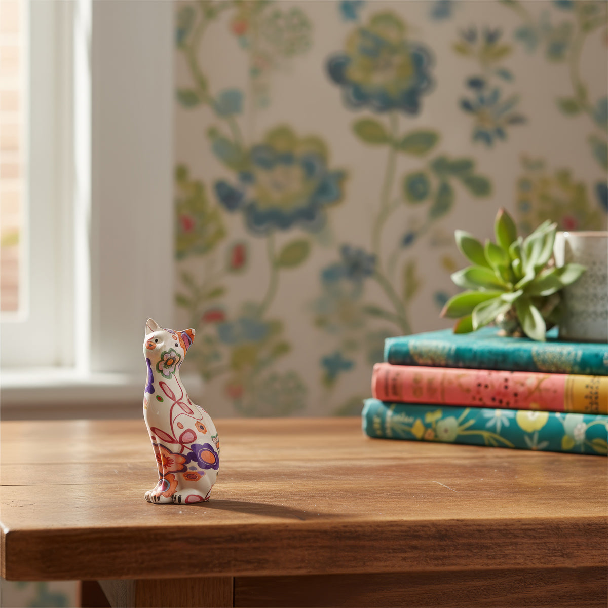 Colourful Floral Charm Cat Figurine – Hand-Painted Polyresin