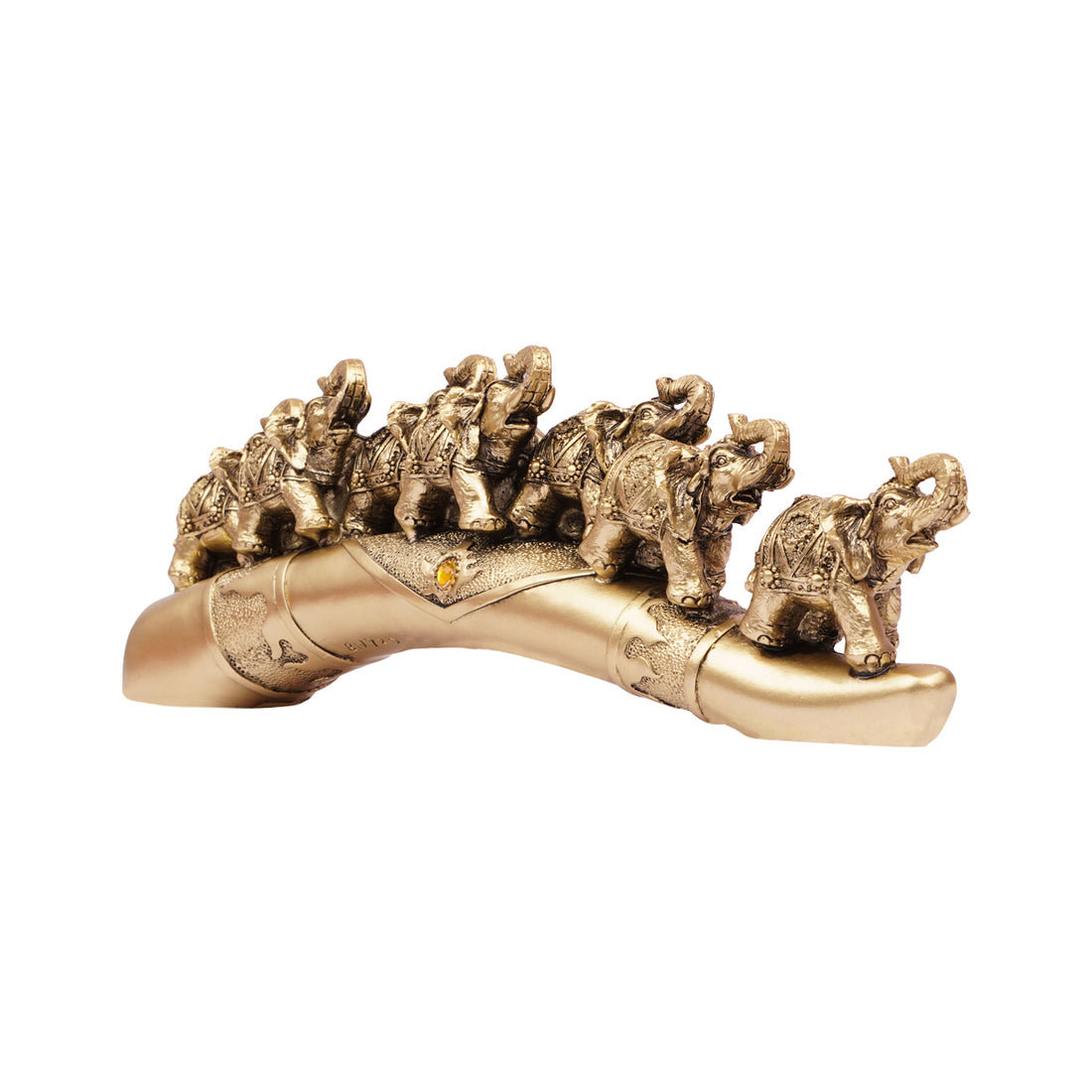 The Writershub Antique Golden Elephant Family  7 Elephants on Tusk Base Showpiece