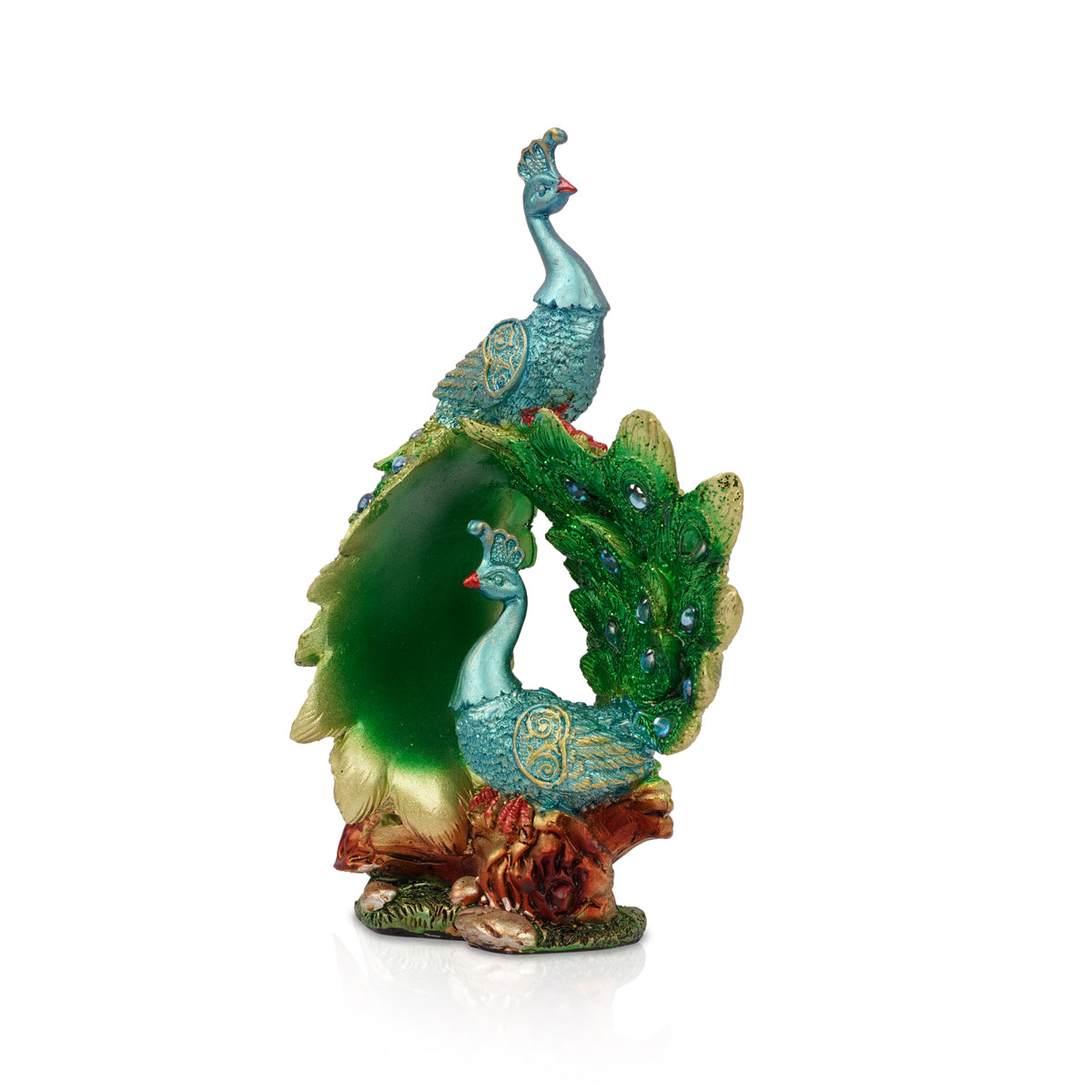 Royal Peacock Pair Showpiece – Green & Blue Polyresin Décor (20 cm)