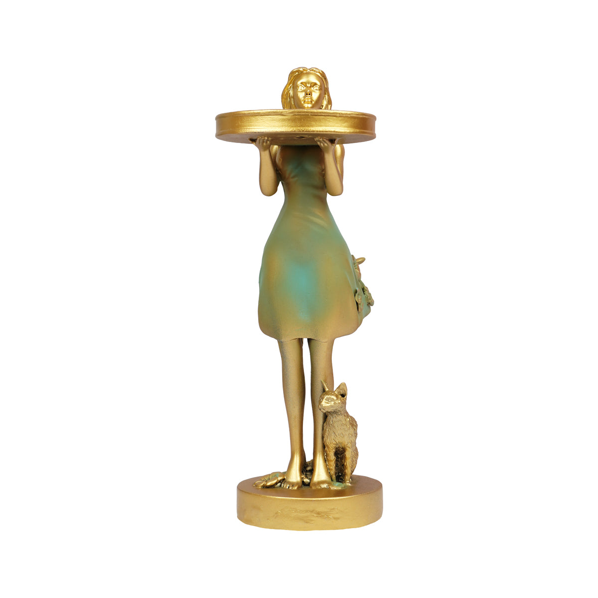 The WritersHub Decorative Lady with Tray Showpiece – Gold & Green Polyresin Statue