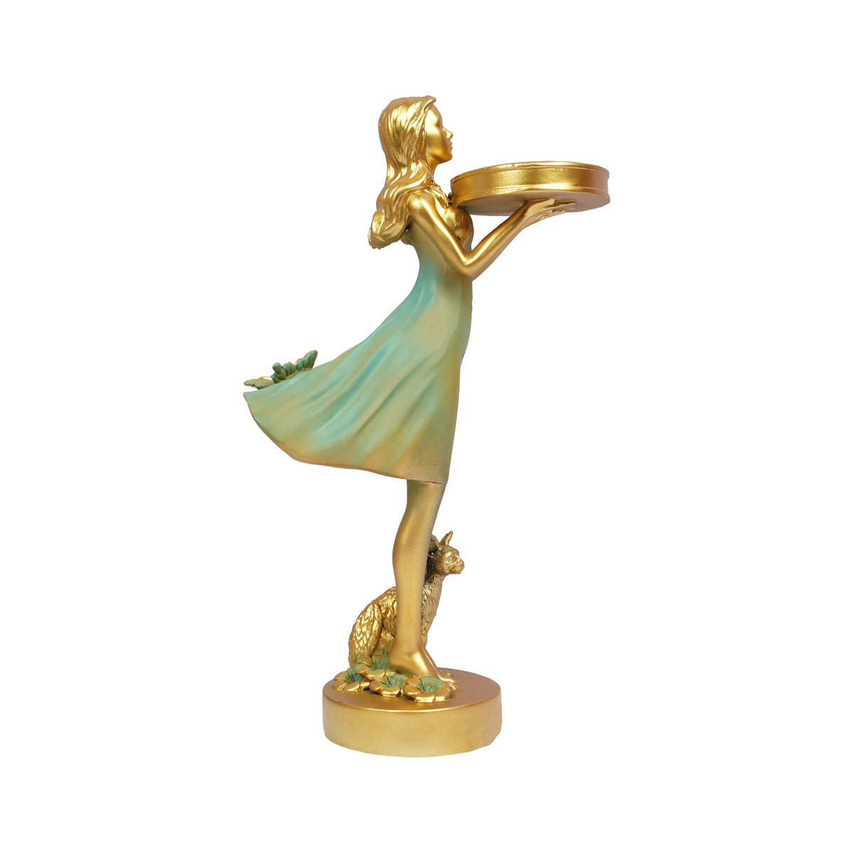 The WritersHub Decorative Lady with Tray Showpiece – Gold & Green Polyresin Statue